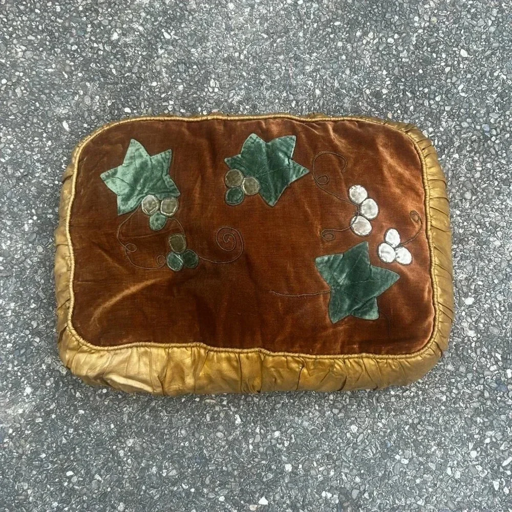 Victorian Antique Handmade Velvet Grapes Vines and Leaves Satin Backed Pillow